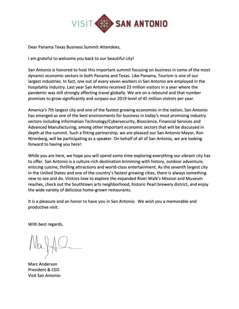 Panama Texas Business Summit Welcome Letter